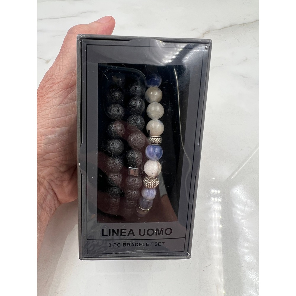 Linea Uomo Mens 3 PC Bracelet Set Blue Black Lava Rock Stone NEW Gift